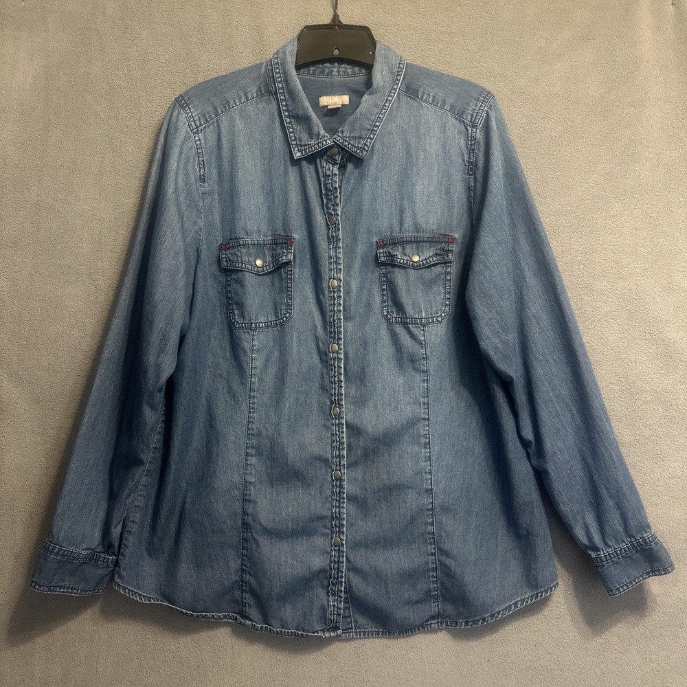 J. Jill Denim Pearl Snap Shirt L/S Womens L Blue Chambray Western Cowgirl Rodeo